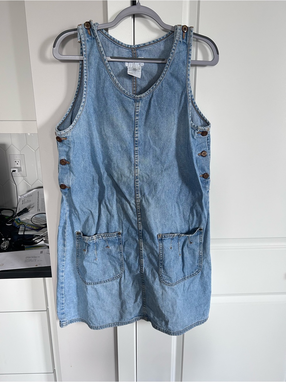 Vintage French Dressing 90s Light Wash Denim Pinafore Jumper Dress Overall Style